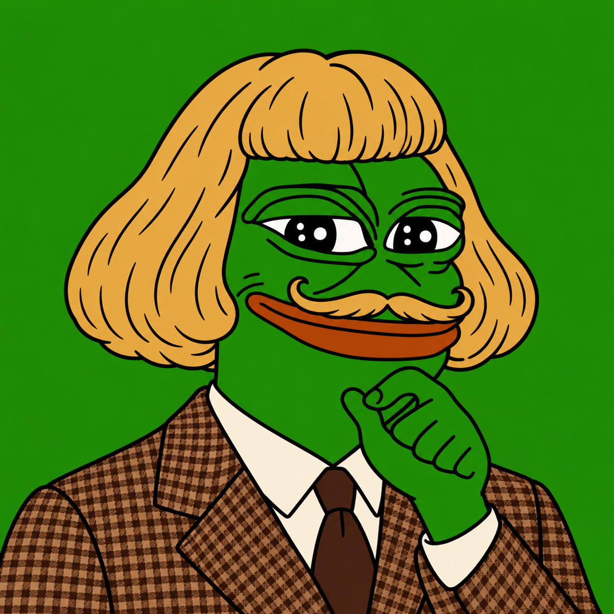 PEPEPHIL: a green frog with a blond bob, curled moustache and a checked tweed suit